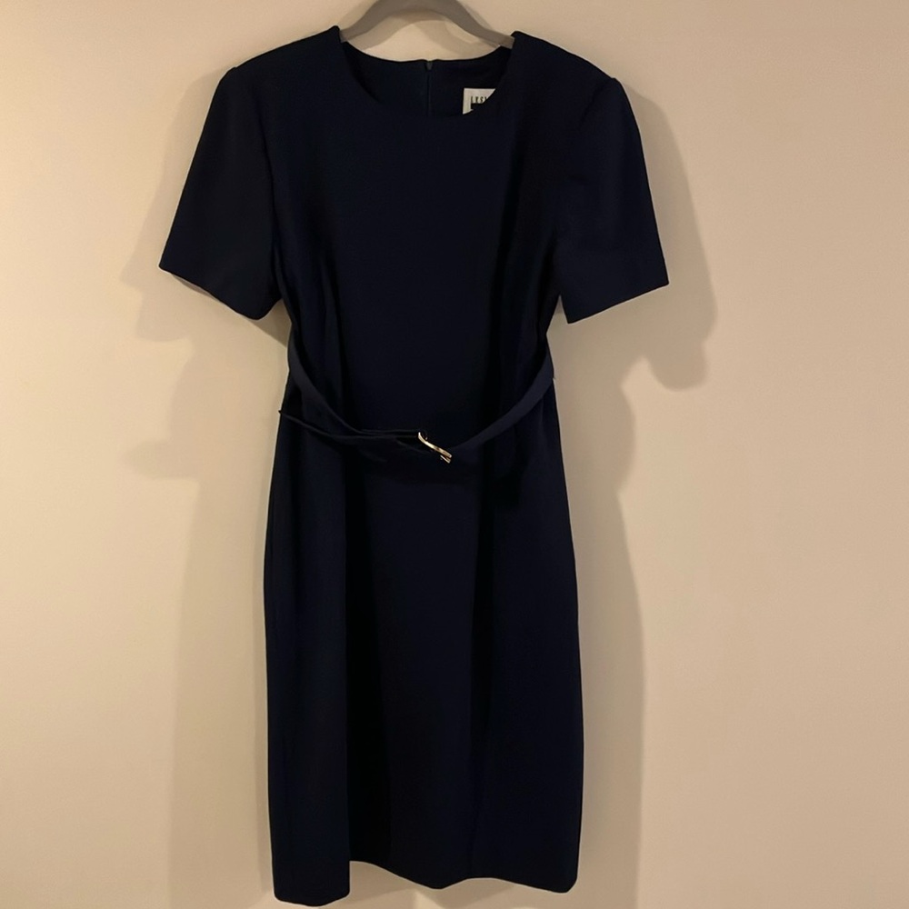Vintage 90s Leslie Fay Classic Navy Sheath Dress with Wide Belt